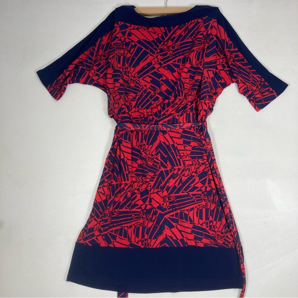 Sangria Red Navy Geometric Wrap  Dress V neck Size 14W Tie Dolman Sleeve - Picture 2 of 16